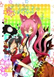  2girls animal_ears animal_tail arakune barefoot bell belt black_hair blazblue boh_(pixiv422546) cat_ears cat_eyes cat_tail cleavage feet female glasses kokonoe lao_jiu litchi_faye_ling lollipop long_hair midriff multiple_tails pink_hair ponytail tail yellow_eyes 