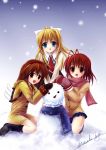  backpack bad_id bag blonde_hair blue_eyes brown_eyes brown_hair clannad company_connection crossover furukawa_nagisa highres kamio_misuzu kanon key_(company) long_hair mitsuki_riya mittens ponytail scarf shimotsukiriya short_hair snow snowman tsukimiya_ayu 