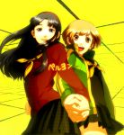  :d black_eyes black_hair brown_eyes brown_hair hand_holding headband holding_hands jacket koredemoka lion_(macross_frontier) long_hair macross macross_frontier open_mouth parody persona persona_4 satonaka_chie school_uniform serafuku short_hair skirt smile 