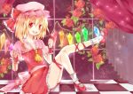  ascot blonde_hair crystal curtains flandre_scarlet flower frills hat hat_ribbon highres holding leaf leg_up mary_janes no_nose open_mouth red red_eyes ribbon rose shishina shoes short_hair short_sleeves side_ponytail sitting skirt socks solo touhou wings wrist_cuffs 