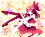 brown_hair cherry_blossoms detached_sleeves expressionless floral_background flower hair_bow hakurei_reimu highres japanese_clothes large_bow leg_up long_hair multicolored_eyes profile purple_eyes red_eyes red_hair red_legwear ribbon riichu sarashi sitting thigh-highs thighhighs toe-point touhou 