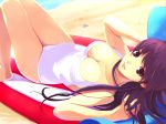  breasts cleavage long_hair looking_at_viewer lying on_back one-piece_swimsuit original smile solo suke_akurou swimsuit 