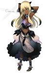  arms_behind_head arms_up blonde_hair breasts character_request cleavage dark_skin fur fuurai_no_shiren green_eyes hair_ribbon kamina_(shiren_the_wanderer) large_breasts long_hair midriff ribbon sandals simple_background skirt solo udk 