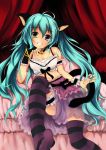  animal_ears aqua_hair awl bad_id bell blue_eyes cat_ears cat_tail feet green_eyes grin hatsune_miku heterochromia highres jingle_bell legs long_hair midriff navel smile solo striped striped_legwear striped_thighhighs tail thigh-highs thighhighs to_aru_awl twintails very_long_hair vocaloid zettai_ryouiki 