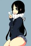  between_thighs black_eyes black_hair breath k-on! kamita long_hair open_mouth scarf school_uniform simple_background skirt solo thighs 