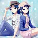  blue_hair brown_eyes casual dress hat idolmaster idolmaster_dearly_stars jeans kisaragi_chihaya long_hair mizutani_eri ponnetsu short_hair sleeves_folded_up 