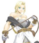  bangs bare_arms bare_shoulders belt blonde_hair blue_eyes braid breasts castlevania castlevania_legends cleavage dress gauntlets gloves jewelry long_hair necklace off-shoulder_top shun_(artist) shun_(pixiv) single_braid sketch sleeveless smile sonia_belmondo whip 