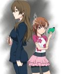  back_to_back bag biribiri breasts brown_eyes brown_hair business_suit casual formal frog hair_ornament hairclip kiyama_harumi large_breasts long_hair mask misaka_mikoto pant_suit profile purse raglan_sleeves ribonzu short_hair suit to_aru_kagaku_no_railgun to_aru_majutsu_no_index 