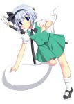  blue_eyes hairband hands highres konpaku_youmu konpaku_youmu_(ghost) kuro_minamo looking_at_viewer mary_janes myon ribbon shoes short_hair silver_hair simple_background smile standing_on_one_leg sword touhou v weapon 