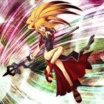  blonde_hair china_dress chinese_clothes fingerless_gloves fox_ears fox_tail gloves highres namco_x_capcom nisewado sandals staff super_robot_wars super_robot_wars_og_saga_mugen_no_frontier tail vest xiaomu zipper 