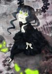  black_hair black_legwear black_rock_shooter curly_hair dead_master dress green_eyes horns leggings long_hair shorts sitting skull smile solo uni_(ateru) 