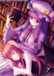  2girls bangs bat_wings blunt_bangs book bookshelf closed_eyes crescent hair_ribbon hat head_wings koakuma lap_pillow library multiple_girls patchouli_knowledge petting purple_eyes purple_hair reading red_hair ribbon sayori sitting sleeping touhou voile wings 