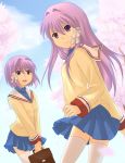  cherry_blossoms clannad fujibayashi_kyou fujibayashi_ryou long_hair purple_hair school_uniform short_hair siblings sisters tamotsu_(artist) thigh-highs twins violet_eyes 