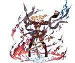  1girl armor blonde_hair blue_eyes braid breasts cleavage fire full_body gauntlets granblue_fantasy hair_intakes holding holding_weapon minaba_hideo official_art polearm solo spear standing thigh-highs transparent_background twin_braids twintails weapon zeta_(granblue_fantasy) 