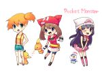  3girls absurdres aqua_eyes bandana beanie blue_eyes brown_hair chibi crop_top denim denim_shorts gloves haruka_(pokemon) hat highres hikari_(pokemon) kasumi_(pokemon) long_hair midriff milliebell multiple_girls navel open_mouth orange_hair piplup pokemon pokemon_(anime) pokemon_(creature) psyduck purple_eyes purple_hair shorts side_ponytail skirt suspenders title_drop torchic violet_eyes wink 