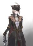  1girl absurdres artist_request ascot blonde_hair bloodborne blue_eyes cape coat gloves hat hat_feather highres holding lady_maria_of_the_astral_clocktower long_hair looking_at_viewer ponytail rakuyo_(bloodborne) simple_background smile solo sword the_old_hunters tricorne weapon white_hair 
