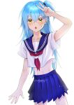  1girl :o absurdres arm_up bangs blue_hair blue_sailor_collar blue_skirt blush collarbone collared_shirt cowboy_shot dated eyebrows_visible_through_hair hair_between_eyes hair_ornament hairclip highres long_hair looking_at_viewer midriff miniskirt navel neckerchief nukogami_(minniecatlove21) pleated_skirt red_neckwear rimuru_tempest sailor_collar sailor_shirt school_uniform serafuku shiny shiny_hair shirt short_sleeves side_ponytail signature simple_background skirt solo standing stomach sweatdrop tensei_shitara_slime_datta_ken v white_background white_shirt yellow_eyes 