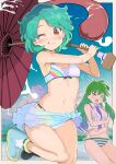  &gt;_&lt; 2girls adapted_costume bikini blue_flower blue_hair blue_sarong blush boots closed_mouth day flower green_hair highres holding holding_umbrella karakasa_obake kochiya_sanae long_hair multiple_girls navel one_eye_closed open_mouth puuakachan rainbow_print red_eyes sarong short_hair smile striped striped_bikini swimsuit tatara_kogasa tongue tongue_out touhou umbrella white_bikini 