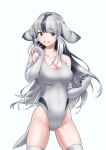 bare_shoulders bearded_seal_(kemono_friends) black_hair blush commentary_request cowboy_shot elbow_gloves eyebrows_visible_through_hair flippers gloves grey_eyes grey_gloves grey_hair grey_legwear grey_swimsuit highres kemono_friends looking_at_viewer losmal_indicus multicolored_hair one-piece_swimsuit sleeveless smile swimsuit thigh-highs zettai_ryouiki 