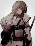  1girl absurdres arknights armband bangs bare_shoulders chan8016 closed_mouth fur-trimmed_jacket fur_trim hair_ornament hairclip highres jacket jacket_partially_removed la_pluma_(arknights) monochrome short_hair shorts sleeveless sleeveless_turtleneck solo turtleneck 