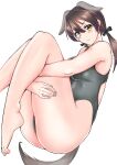  1girl absurdres animal_ears black_swimsuit brown_eyes brown_hair commentary_request competition_swimsuit dog_ears dog_tail feet_out_of_frame full_body gertrud_barkhorn highres hugging_own_legs long_hair looking_at_viewer one-piece_swimsuit simple_background solo strike_witches swimsuit tail twintails white_background world_witches_series yuusha 