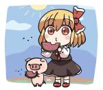  1girl bangs black_skirt black_vest blonde_hair blue_sky bow clouds eyebrows_visible_through_hair food fruit full_body hair_bow holding holding_food o3o outdoors pig red_bow red_eyes red_footwear red_neckwear rokugou_daisuke rumia short_hair skirt sky spitting standing sun touhou touhou_cannonball vest watermelon white_legwear 
