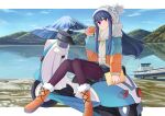  1girl absurdres bangs blue_hair boots border closed_mouth coat cup day eyebrows_visible_through_hair fur-trimmed_boots fur_trim ground_vehicle hat highres holding holding_cup knit_hat lake leggings long_hair long_sleeves looking_at_viewer motor_vehicle mount_fuji mountainous_horizon outdoors outside_border pinky_out pleated_skirt scarf scooter shima_rin sidelocks sitting skirt smile solo violet_eyes wen_hao_lai white_border winter_clothes winter_coat yurucamp 