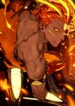  1boy absurdres ashwatthama_(fate) clenched_teeth colored_sclera dark-skinned_male dark_skin fate/grand_order fate_(series) fire forehead_jewel hair_slicked_back highres male_focus metal_boots orange_sclera redhead semi_finalfight shirtless teeth yellow_eyes 