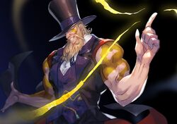  1boy black_headwear blonde_hair blue_eyes facial_hair facial_mark fingernails formal g_(street_fighter) grin hat looking_at_viewer male_focus muscular muscular_male mustache open_hand parted_lips patterned patterned_clothing pointing privokome shoulder_tattoo smile solo street_fighter suit tattoo teeth top_hat 