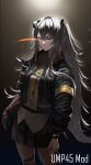  1girl bangs black_jacket character_name closed_mouth eyebrows_visible_through_hair feet_out_of_frame girls_frontline grey_hair grey_skirt highres jacket long_hair looking_at_viewer mechanical_arms mod3_(girls_frontline) necktie one_eye_closed open_clothes open_jacket red_eyes saturndxy scar scar_across_eye shirt side_ponytail simple_background single_mechanical_arm skirt solo standing ump45_(girls_frontline) watch white_shirt yellow_neckwear 