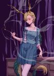  1girl absurdres bangs blonde_hair blue_bow blue_shirt blue_skirt bow breasts cigarette dragon_tail earrings hand_up highres jewelry kicchou_yachie long_sleeves looking_to_the_side medium_breasts purple_background red_eyes shirt short_hair skirt smoke solo standing stank table tail touhou turtle_shell 
