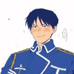  1boy aiguillette amestris_military_uniform black_eyes black_hair blue_jacket blush close-up closed_mouth collared_jacket epaulettes face facing_viewer fullmetal_alchemist gloves grin highres jacket looking_afar male_focus military military_uniform motion_lines nose_blush roy_mustang simple_background smile speech_bubble spiky_hair translation_request tsurime uniform upper_body white_background white_gloves xiaolong_jiji 