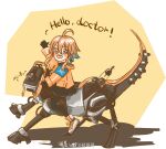  ahoge arknights blonde_hair happy highres jacket mayer_(arknights) meeboo_(arknights) open_mouth orange_jacket otter_tail riding_machine tail thigh-highs waving_arm 