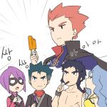  1girl 4boys :t bangs black_eyes black_hair bruno_(pokemon) cape closed_mouth collarbone commentary_request domino_mask eating food green_hair grey_hair hand_up highres holding holding_stick jacket karen_(pokemon) kiwi_of_ruin koga_(pokemon) korean_text lance_(pokemon) long_hair mask multiple_boys orange_hair pink_shirt pokemon pokemon_(game) pokemon_hgss ponytail popsicle purple_hair purple_jacket scarf shirt shirtless short_hair solid_oval_eyes spiky_hair stick sweatdrop translation_request white_neckwear will_(pokemon) yellow_shirt 