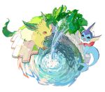  :3 animal_focus apios1 bandana black_eyes blank_eyes brick_wall clothed_pokemon commentary from_above full_body gen_1_pokemon gen_4_pokemon grass happy highres leaf leafeon looking_up moss no_humans on_wall open_mouth orange_eyes pokemon pokemon_(creature) red_neckwear ripples sitting smile vaporeon water water_drop waterfall 