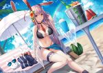  1girl animal animal_ears beach bikini black_bikini blue_sarong bottle breasts bucket closed_mouth collarbone day dutch_angle flower food fruit hair_flower hair_ornament highres ice large_breasts liya long_hair navel ocean palm_tree parasol peach purple_hair rabbit rabbit_ears rainbow red_eyes reisen_udongein_inaba sarong shaved_ice smile solo sunglasses swimsuit touhou tree umbrella watermelon watermelon_slice 