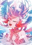  1girl animal_ears ayasaka_saaya bare_shoulders bird_ears blue_background blue_feathers blue_nails blush choker closed_eyes commentary_request fingernails harpy highres long_fingernails long_hair monster_girl music open_mouth original red_choker red_feathers redhead singing solo winged_arms wings 