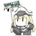  1girl aircraft airplane black_footwear black_gloves blonde_hair capelet celtic_knot chibi gloves graf_zeppelin_(kancolle) hat holding kantai_collection long_hair miniskirt no_mouth peaked_cap pleated_skirt shoes simple_background skirt solo stick task_(s_task80) twintails walking white_background white_capelet |_| 
