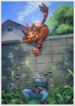  border building claws clouds commentary_request croagunk day eye_contact fang gen_4_pokemon gen_7_pokemon grass highres holding kikuyoshi_(tracco) leaf looking_at_another no_humans open_mouth outdoors pokemon pokemon_(creature) sky torracat wall 