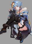  1girl alternate_costume ass bare_shoulders black_footwear black_gloves black_legwear blue_choker blue_hair blue_nails boots character_name choker closed_mouth earrings eyebrows_visible_through_hair eyewear_on_head fingerless_gloves garter_straps girls_frontline gloves grey_background highres holding holding_weapon jewelry looking_at_viewer mo_geng multicolored multicolored_clothes multicolored_legwear multicolored_nails nail_polish orange_eyes orange_nails panties pantyshot short_hair sitting solo striped striped_legwear underwear weapon zas_m21_(girls_frontline) 