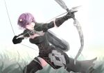  1girl aiming alternate_costume archery armor arrow_(projectile) bangs belt bernadetta_von_varley boots bow_(weapon) breasts brown_eyes cleavage_cutout clothing_cutout commentary_request eyebrows_visible_through_hair famo faulds fire_emblem fire_emblem:_three_houses fur-trimmed_gloves fur_trim gloves gorget grass hair_between_eyes hair_ornament highres medium_breasts open_mouth pauldrons purple_hair quiver short_hair shoulder_armor solo thigh-highs thigh_boots weapon zettai_ryouiki 