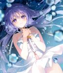  1girl :3 bare_shoulders character_request closed_mouth commentary_request copyright_request dagger dress eyebrows_visible_through_hair hair_between_eyes holding holding_dagger holding_weapon knife looking_at_viewer navel no_panties purple_hair smile solo suimya violet_eyes weapon white_dress 