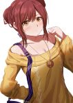 absurdres bag bangs bare_shoulders breasts brown_eyes brown_hair brown_shirt collarbone double_bun eyebrows_visible_through_hair hair_between_eyes hand_up highres idolmaster idolmaster_shiny_colors long_sleeves looking_at_viewer misaki_nonaka off-shoulder_shirt off_shoulder oosaki_amana shirt shoulder_bag sidelocks simple_background small_breasts white_background