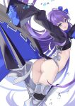  100 1girl armored_boots ass bangs blue_eyes blue_ribbon blush boots breasts fate/extra fate/extra_ccc fate_(series) highres licking_lips long_hair long_sleeves looking_at_viewer meltryllis_(fate) prosthesis prosthetic_leg purple_hair ribbon sleeves_past_fingers sleeves_past_wrists small_breasts smile solo thighs tongue tongue_out 