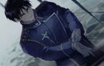 1boy adjusting_clothes adjusting_gloves aiguillette amestris_military_uniform black_eyes black_hair blue_jacket blurry blurry_background collared_jacket darkness dutch_angle epaulettes expressionless floor fog from_above fullmetal_alchemist gloves hands_up highres jacket looking_at_viewer looking_up magic_circle male_focus military military_uniform motion_lines muted_color outdoors parted_lips rain roy_mustang shiny shiny_hair spiky_hair standing stone_floor tsurime twitter_username uniform upper_body water_drop wet wet_hair white_gloves yuu_(kotobana_0418) 