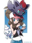  1girl bare_shoulders blue_eyes blue_shorts brown_hair denim denim_shorts eating food gen_5_pokemon hat highres hilda_(pokemon) ice_cream long_hair looking_at_viewer official_style pokemon pokemon_(game) pokemon_bw ponytail shirt shorts sidelocks spoon twitter_username vanillite white_shirt yamane_(viq4201) zorua 