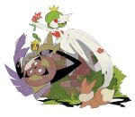  1girl :3 aegislash annoyed apios1 arm_up bangs bare_shoulders black_sclera bob_cut brick_wall bright_pupils bush colored_sclera colored_skin commentary crown day dress eevee elbow_gloves flat_chest floating flower from_behind full_body gardevoir gen_1_pokemon gen_2_pokemon gen_3_pokemon gen_6_pokemon gloves grass green_hair half-closed_eyes happy highres holding holding_flower leaf legs_together looking_at_another looking_down mega_gardevoir mega_pokemon moss on_wall one-eyed open_mouth outdoors outstretched_arm parted_lips petals pokemon pokemon_(creature) red_eyes red_flower shield short_hair sitting sketch smile strapless strapless_dress sunkern sword violet_eyes weapon white_dress white_gloves white_pupils white_skin yellow_headwear yokozuwari 
