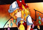  1girl ascot blonde_hair blush crystal eyebrows_visible_through_hair fang flandre_scarlet hair_between_eyes hat hat_ribbon mob_cap pointy_ears puffy_short_sleeves puffy_sleeves qqqrinkappp red_vest ribbon short_hair short_sleeves smile solo touhou traditional_media vampire vest wings yellow_eyes yellow_neckwear 