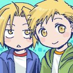  2boys ahoge alphonse_elric aqua_background arms_at_sides bangs black_outline blonde_hair blue_shirt blush_stickers brothers chestnut_mouth child close-up closed_mouth collared_shirt dress_shirt edward_elric face facing_viewer fullmetal_alchemist green_hoodie happy head_tilt hood hood_down hoodie jitome lowres male_focus multiple_boys no_nose open_clothes open_shirt outline parted_bangs parted_lips polka_dot polka_dot_background shiny shiny_hair shirt siblings side-by-side sideways_glance simple_background smile swept_bangs tareme uho_(uhoponta) undershirt upper_body white_shirt yellow_eyes younger 