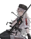  1girl anti-materiel_rifle black_gloves black_headwear black_legwear black_shirt bolo_tie boots collared_shirt commentary_request fingerless_gloves gepard_m1 gepard_m1_(girls_frontline) girls_frontline gloves gun hair_between_eyes hair_ornament hairclip hat jacket long_hair messy_hair qiujiao rifle shirt sitting sleeves_rolled_up sniper_rifle solo thigh-highs weapon white_background white_footwear white_hair white_jacket yellow_eyes 